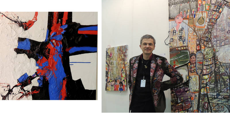스페인 작품(왼쪽 ) 과 독일작가 Thitz 씨의(오른쪽 ) Hybrid Bag city 2013 Acrylic paint and bags on Canvas 200x280 cm (가격 5500만원 )